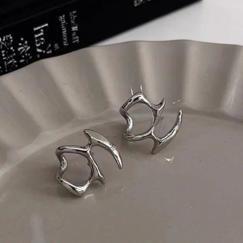 Y2K Irregular Liquid Earrings for Women Silver Color Hip-Hop Punk Fashion Geometric Earring Clip Girl 2024 Trendy Party Jewelry
