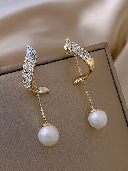 2 fashionable and gorgeous women's long diamond inlaid pearl geometric earrings, party and dinner party accessories